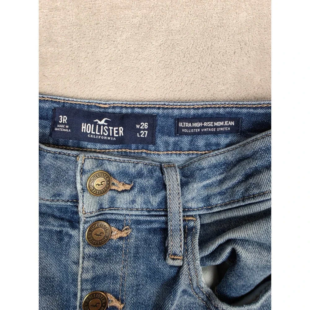 Hollister Ultra High-Rise Mom Jean Women 3R W26 L27 Blue Distressed Button Fly